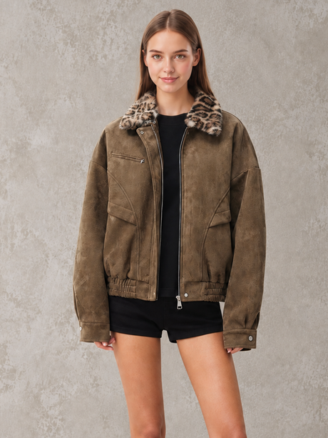 Color Block Leopard Print Long-Sleeved Coat