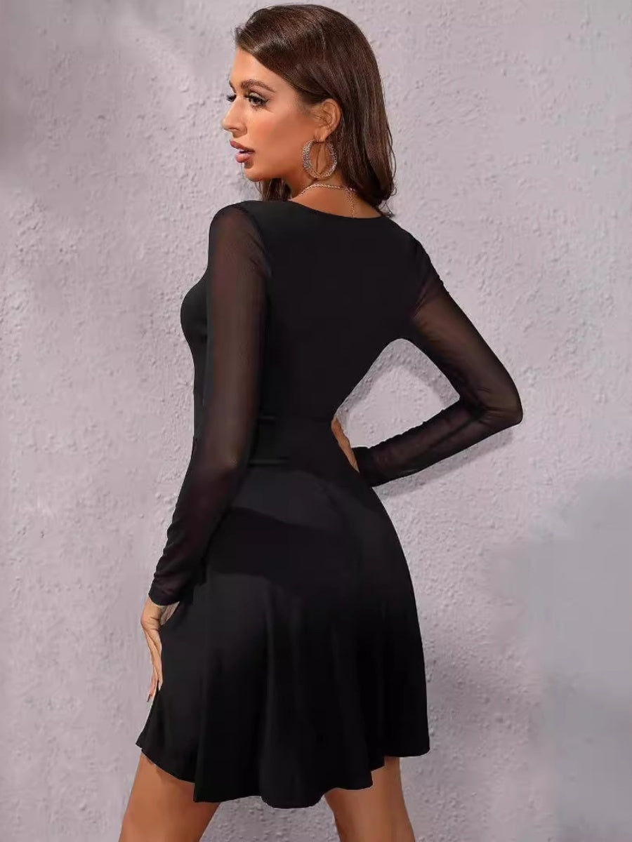V-neck Sexy Slim Fit Mesh Long Sleeve Parties Grace Workplace Mini&Short Dresses