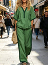 V-neck, Three-quarter Sleeve, Loose-fitting Solid Color Top With Elastic Waist And Loose Wide-leg Pants Two-piece Set