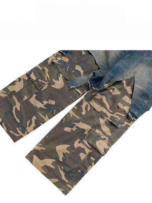 Retro Tattered Washing Camouflage Splicing Loose Work Jeans