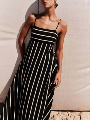 Striped Color Blocking Spaghetti Strap Backless Large Skirt Pockets Maxi Dresses