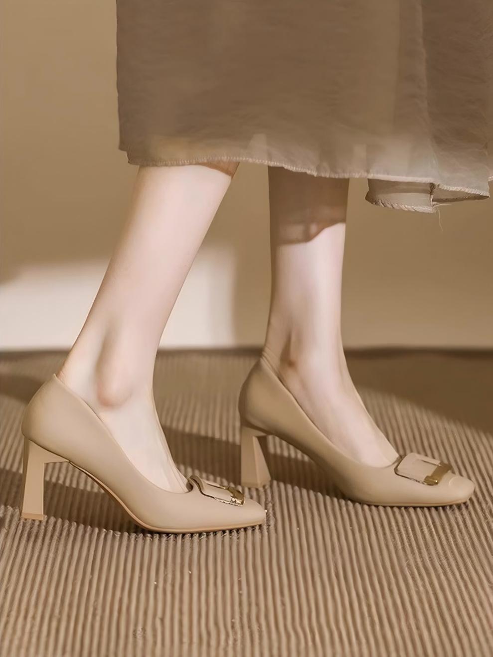 Liber Spring and Autumn Square Buckle Women's High Heels