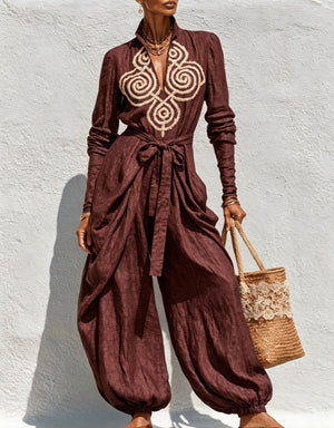 V-neck Tie-up Embroidered Loose-fitting Jumpsuit