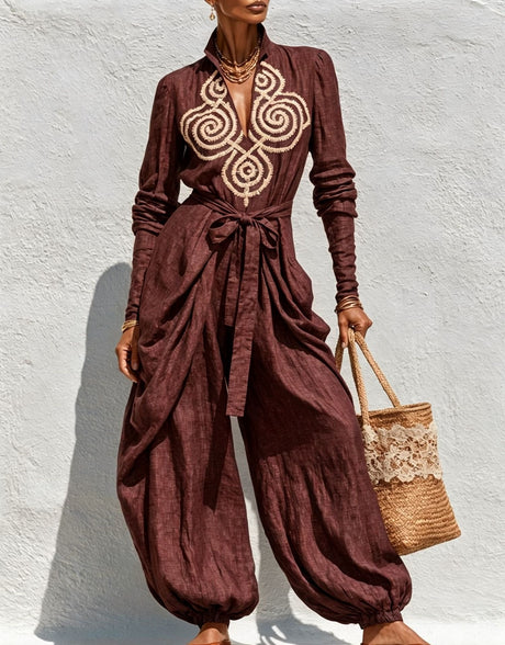 V-neck Tie-up Embroidered Loose-fitting Jumpsuit