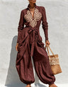 V-neck Tie-up Embroidered Loose-fitting Jumpsuit