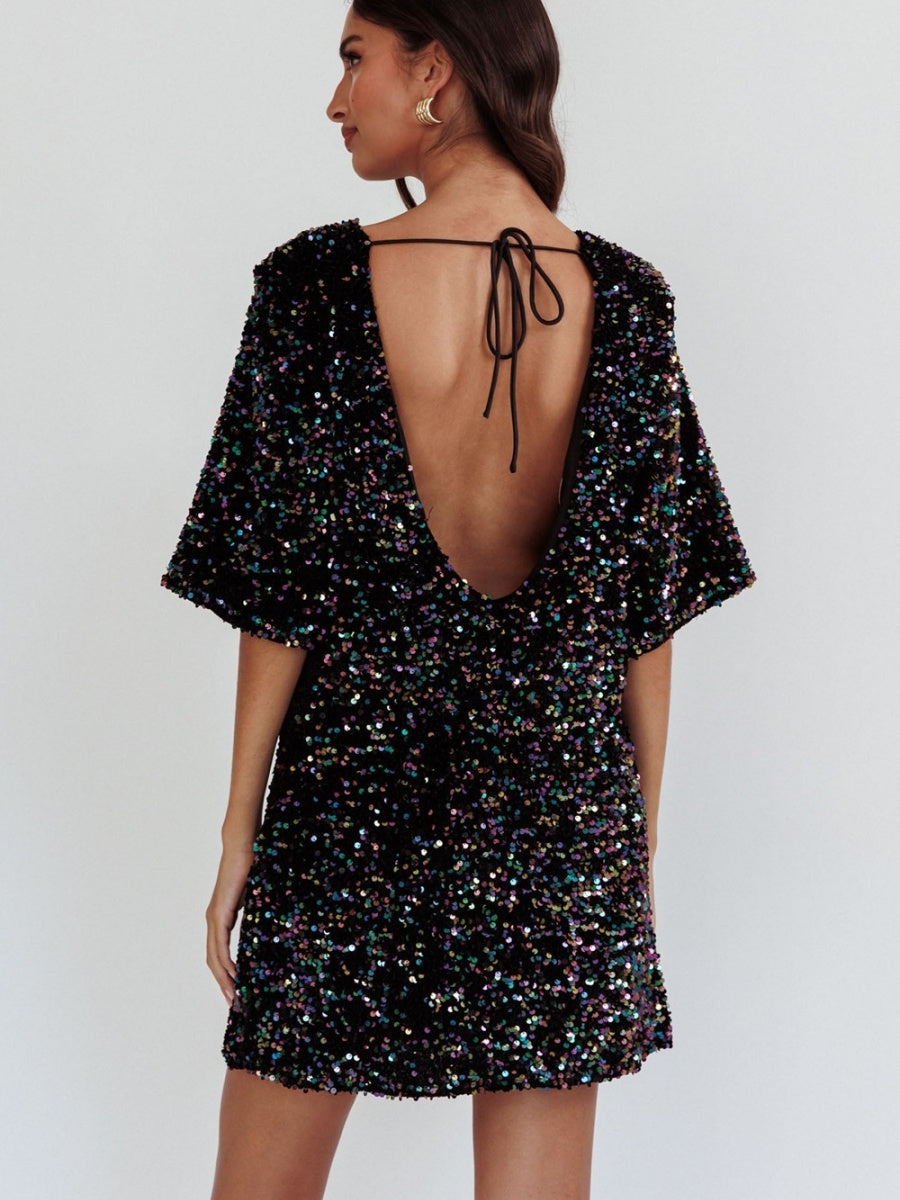 Crew Neck Sequins European And American Style Short Sleeve Loose Bandage Parties Christmas Short Dress