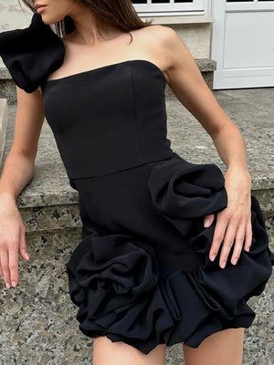 Ruffled Flower Bud Waist One Shoulder Tube Top Hip Mini&Short Dresses