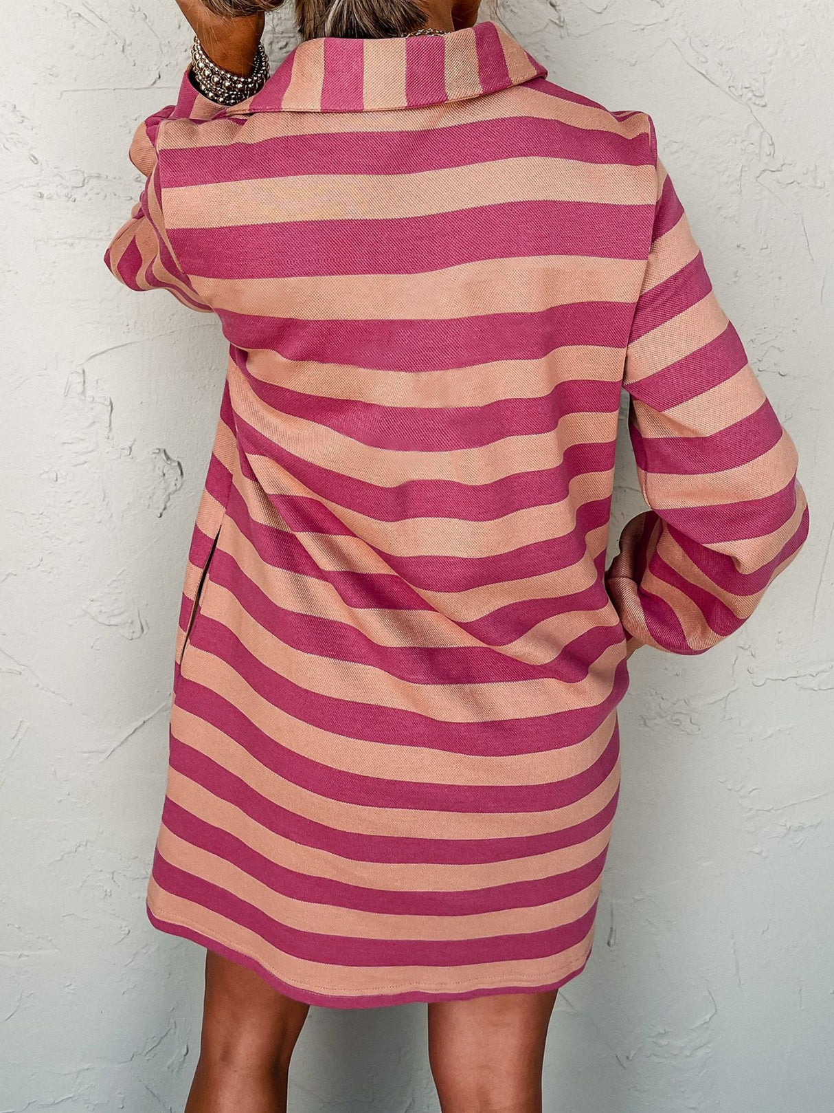 Stripes Color Matching Polo Collar Pocket Long-sleeved Midi Dress