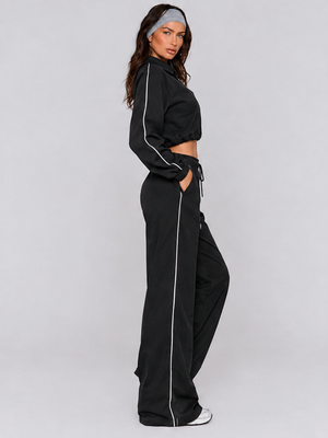 American Retro Color-blocked Striped Tracksuit For Women Two-piece Set: Collared Half-zip Sweatshirt And High-waisted Wide-leg Sweatpants