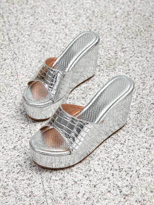 Silver Shiny Slip-on Wedge Platform Sandals