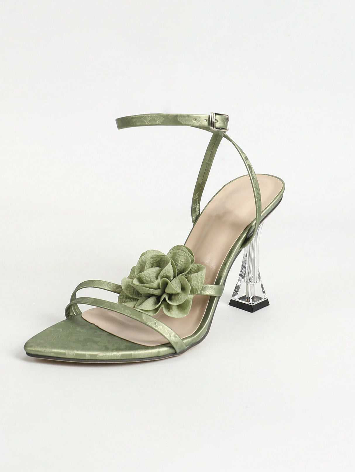 Emerald Green Floral Strap High-heeled Sandals