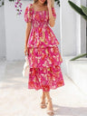 Square Neck Short-sleeved Chiffon Long Dress With A Fitted Waist And Floral Print