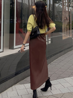 Leather Stitching Buttons Pleated High-waisted Side Slit Long Skirts
