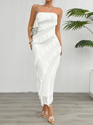 Hip Slim Fit Ruffle Solid Color Strapless Top Maxi Dresses