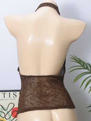 Glitter See-through Sway Neck Backless Tank Tops