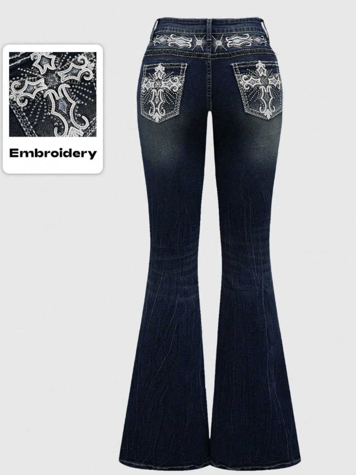 Women's Autumn/Winter Dark Washed Embroidered Rhinestone Flare Jeans