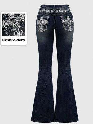 Women's Autumn/Winter Dark Washed Embroidered Rhinestone Flare Jeans