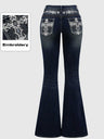 Women's Autumn/Winter Dark Washed Embroidered Rhinestone Flare Jeans
