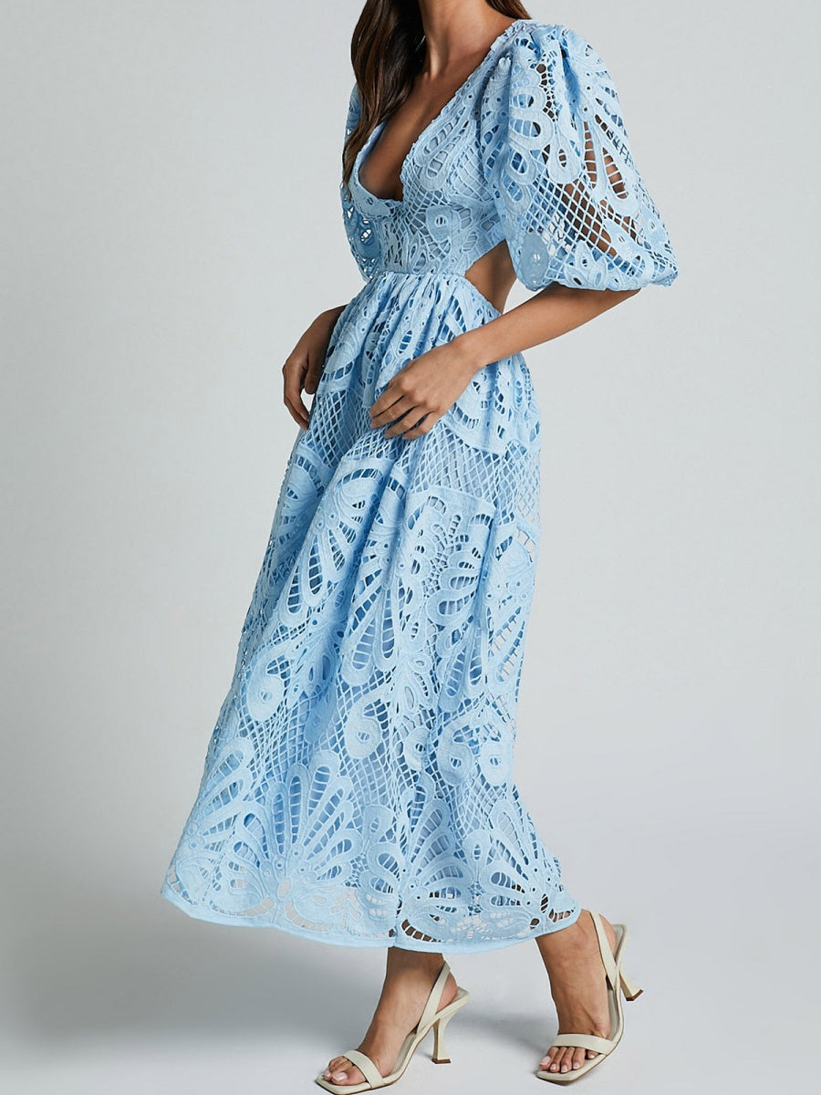 Robe midi sexy en dentelle brodée à col V