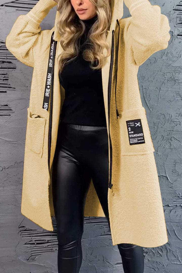 Mid-length Hooded Jacket Zippered Pocket Street Leisure Long-sleeved Coat