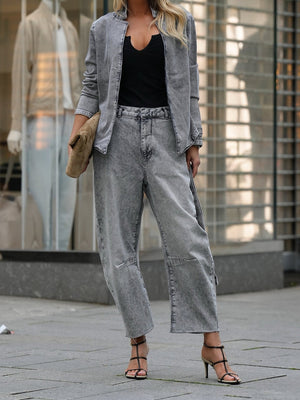 Straps Denim Jacket Jeans Solid Color 2-piece Sets