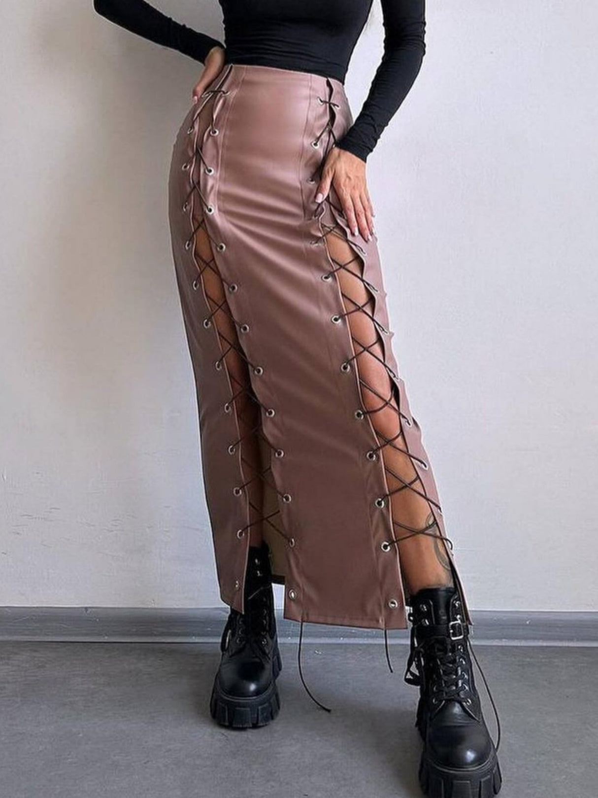 Lace Up Slit PU Leather Bodycon Skirt