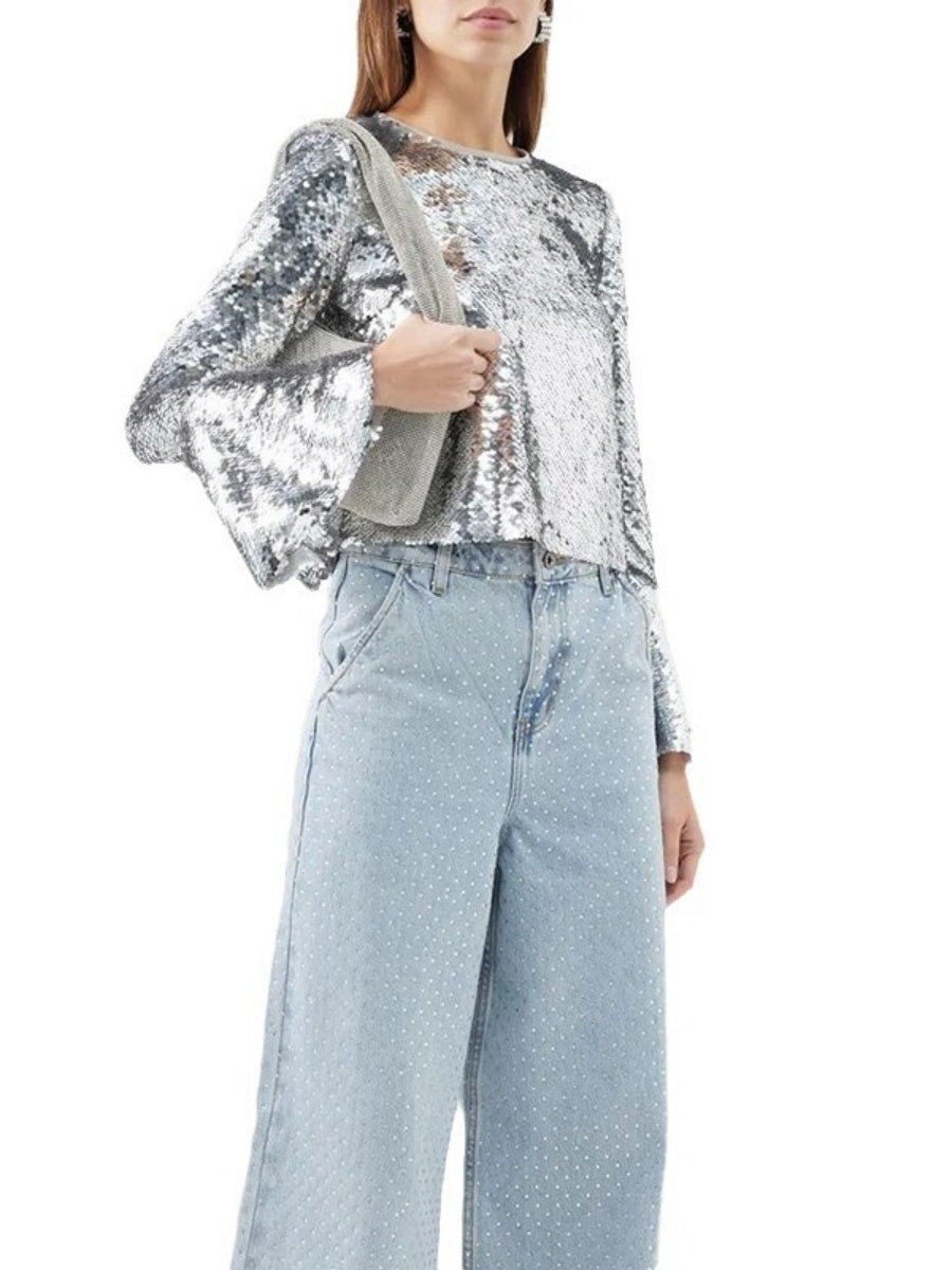 Silberne T-Shirts mit Rundhalsausschnitt, langen Ärmeln und kurzen ausgestellten Ärmeln