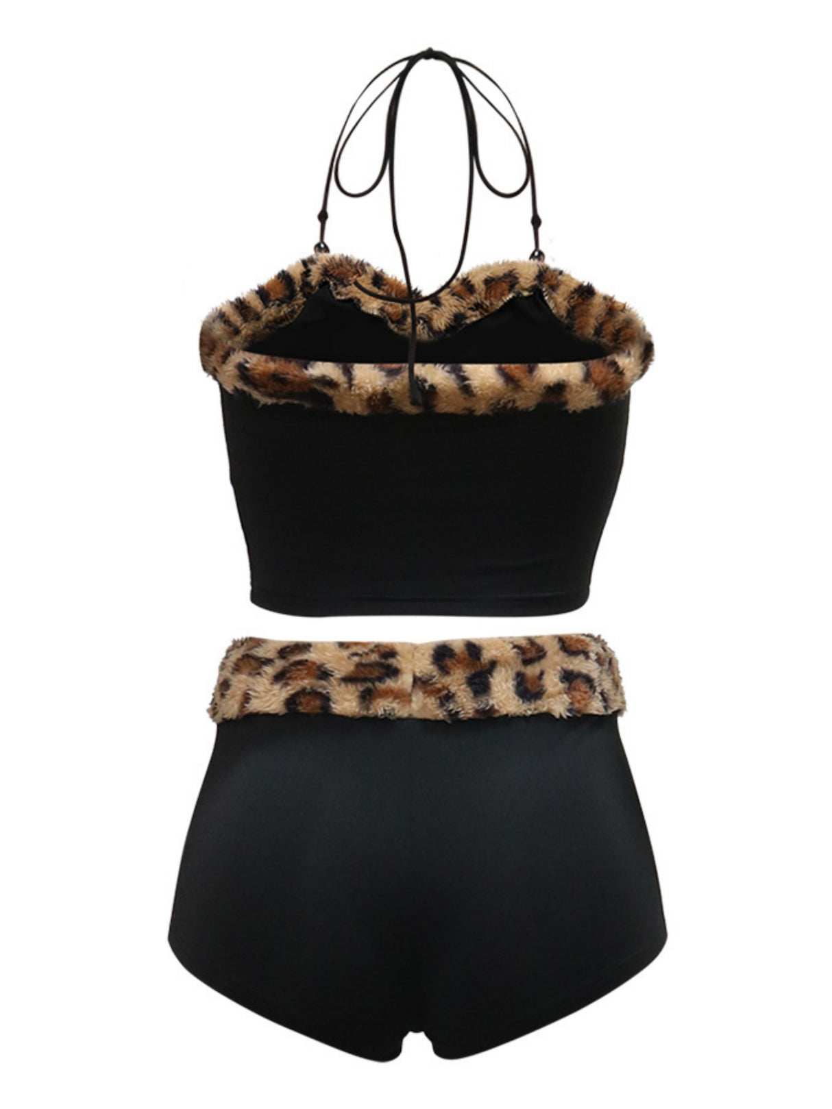 Leopard Print Patchwork Plush Halter Vest Shorts 2-piece Sets