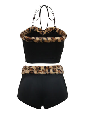 Leopard Print Patchwork Plush Halter Vest Shorts 2-piece Sets