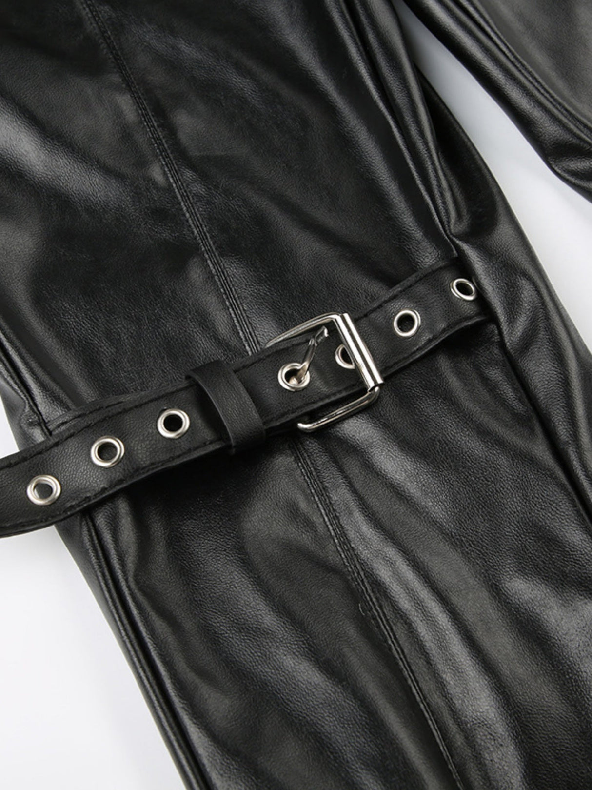 Leather Lace Patchwork Eyelet Buckle Low-rise Bell-bottoms Pants