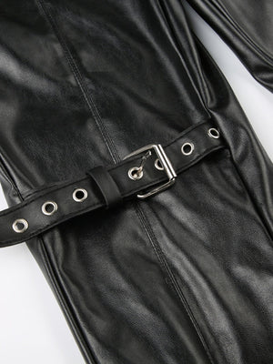 Leather Lace Patchwork Eyelet Buckle Low-rise Bell-bottoms Pants