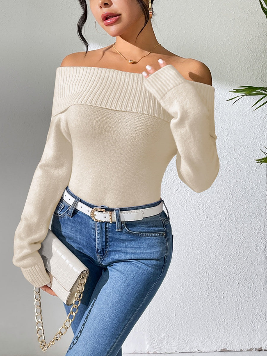 Liber Autumn women's knitted off-shoulder one-shoulder pullover mesh see-through top