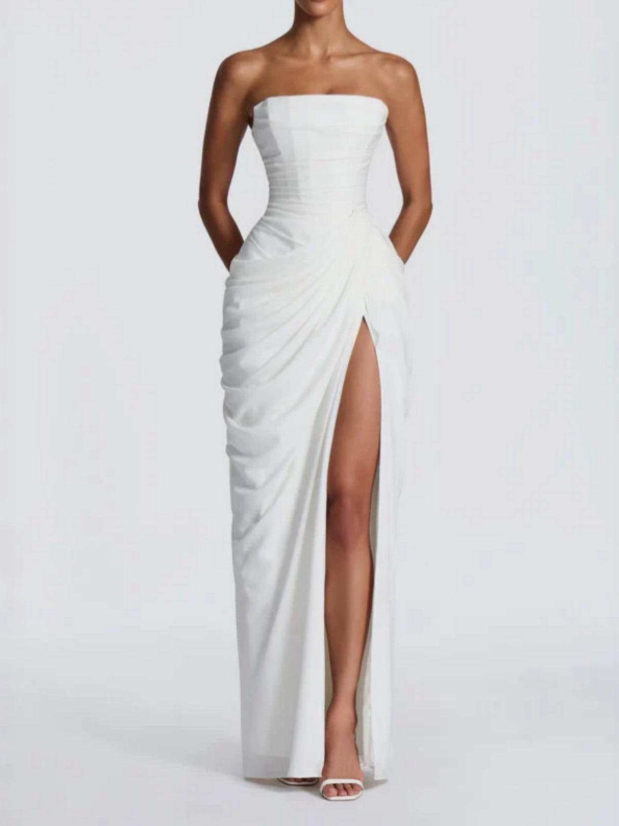 Pleated Slit Strapless Waist Maxi Dresses