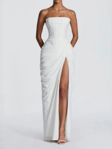 Pleated Slit Strapless Waist Maxi Dresses