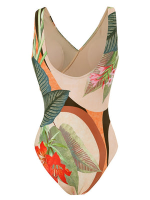 One-piece Swimsuit With Cross-over Print, Revealing Backpack And Hip-revealing Long Skirt (two-piece Set)