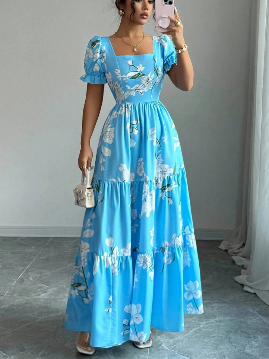 Square Neck Women's Clothing Flowers Maxi Dresses