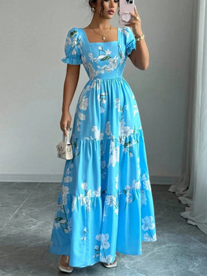 Square Neck Women's Clothing Flowers Maxi Dresses