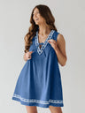 Denim Embroidery Openwork Tie V-neck Sleeveless Mini&Short Dresses