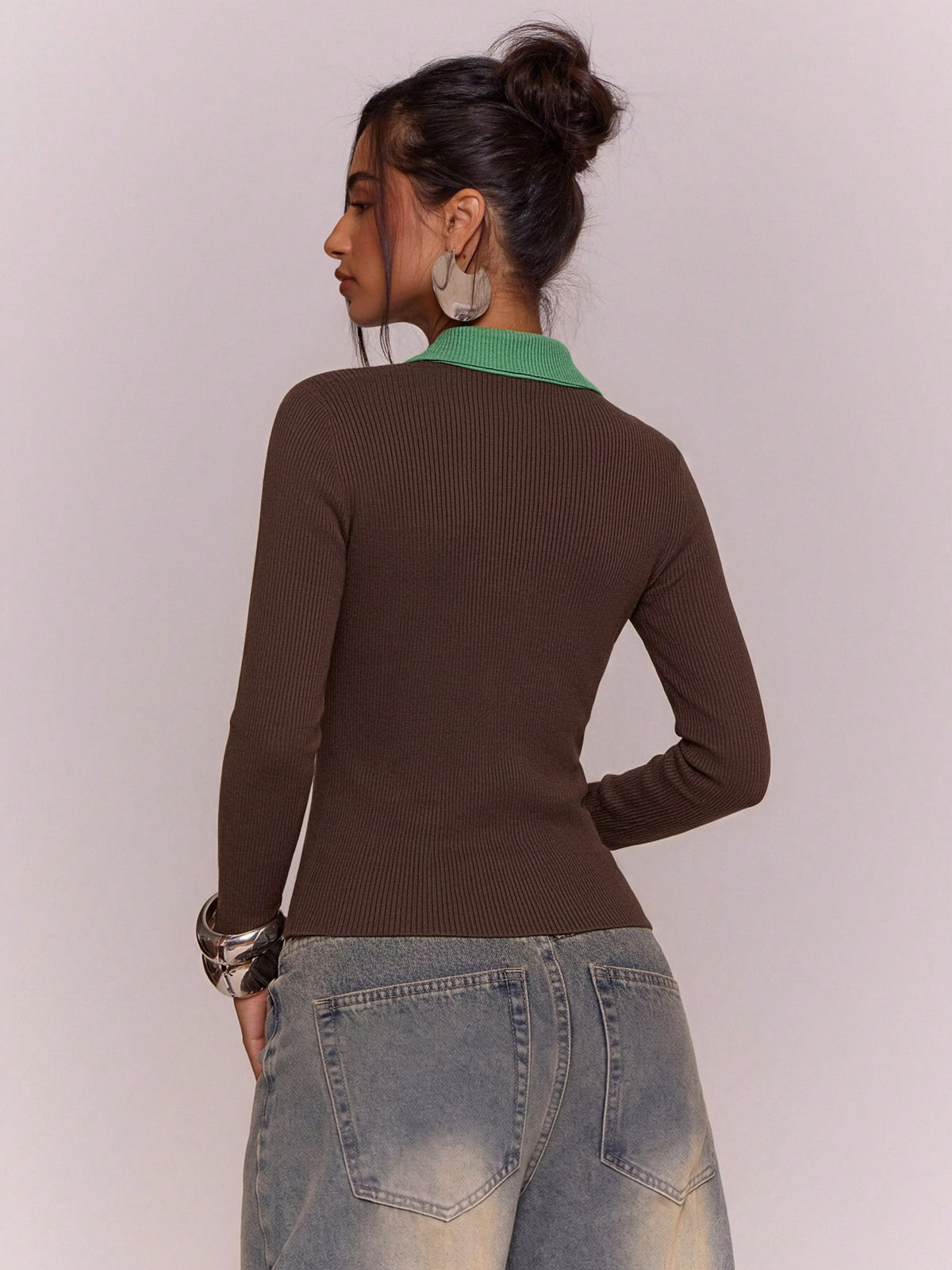 Wool Blend Color-blocked Half-zip Stand Collar Ribbed Pullover Sweater