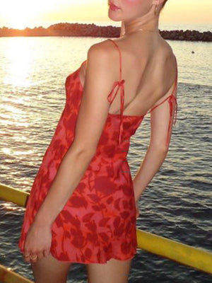Printed Waist-cinching V-neck Camisole Mini&Short Dresses