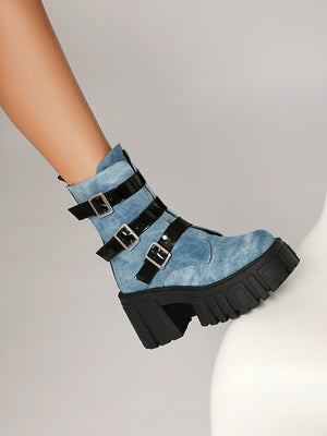 Plaid Denim Biker Punk Ankle Boots