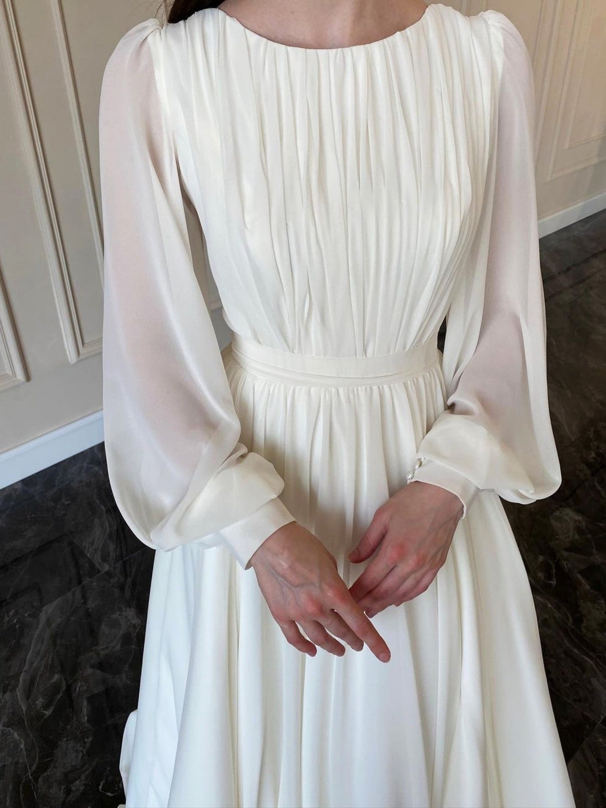 Lantern Pearl Yarn White Wedding Dress Round Neck Dress Zipper Maxi Dresses