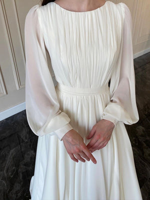 Lantern Pearl Yarn White Wedding Dress Round Neck Dress Zipper Maxi Dresses