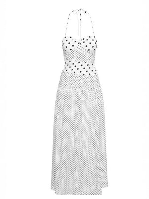 Ruffled Lace Square Neck Polka Dot Suspender Long Dress