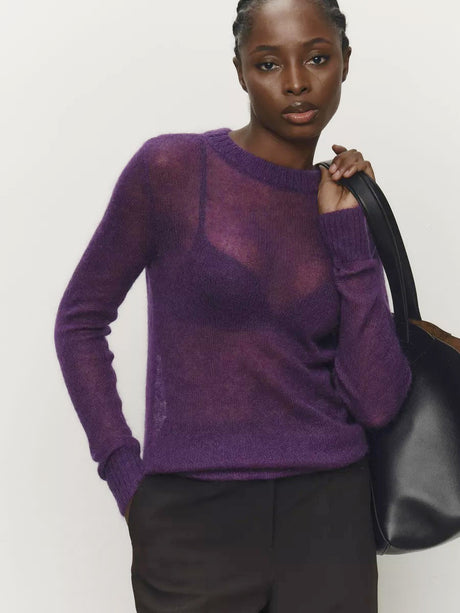 Mohair Crew Neck Pullover Sweater, Semi-sheer Base Layer Sweater
