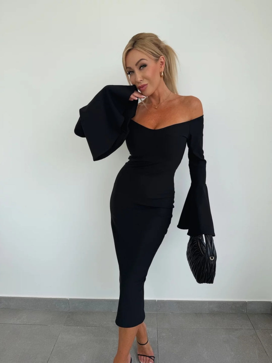 V-neck Flared Sleeves Off Shoulder Sexy Hip-hugging Dinner Cocktail Midi Dresses