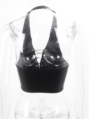 PU Leather Straps Halter Neck And Backless Tank Tops