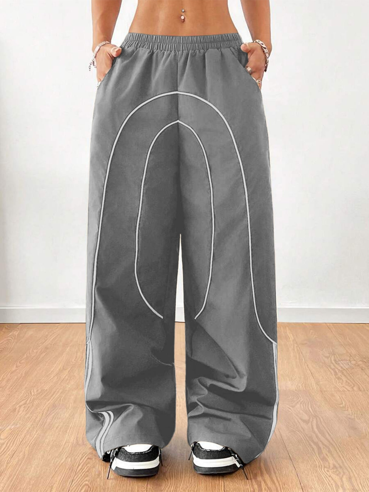 Color-blocked Elastic Waistband Pocket Wide-leg Trousers