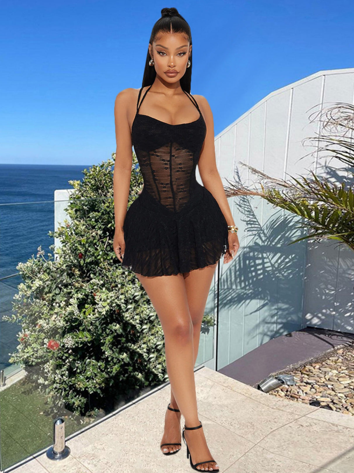 Mesh Splicing Perspective Halter Neck And Backless Pleated Mini&Short Dresses