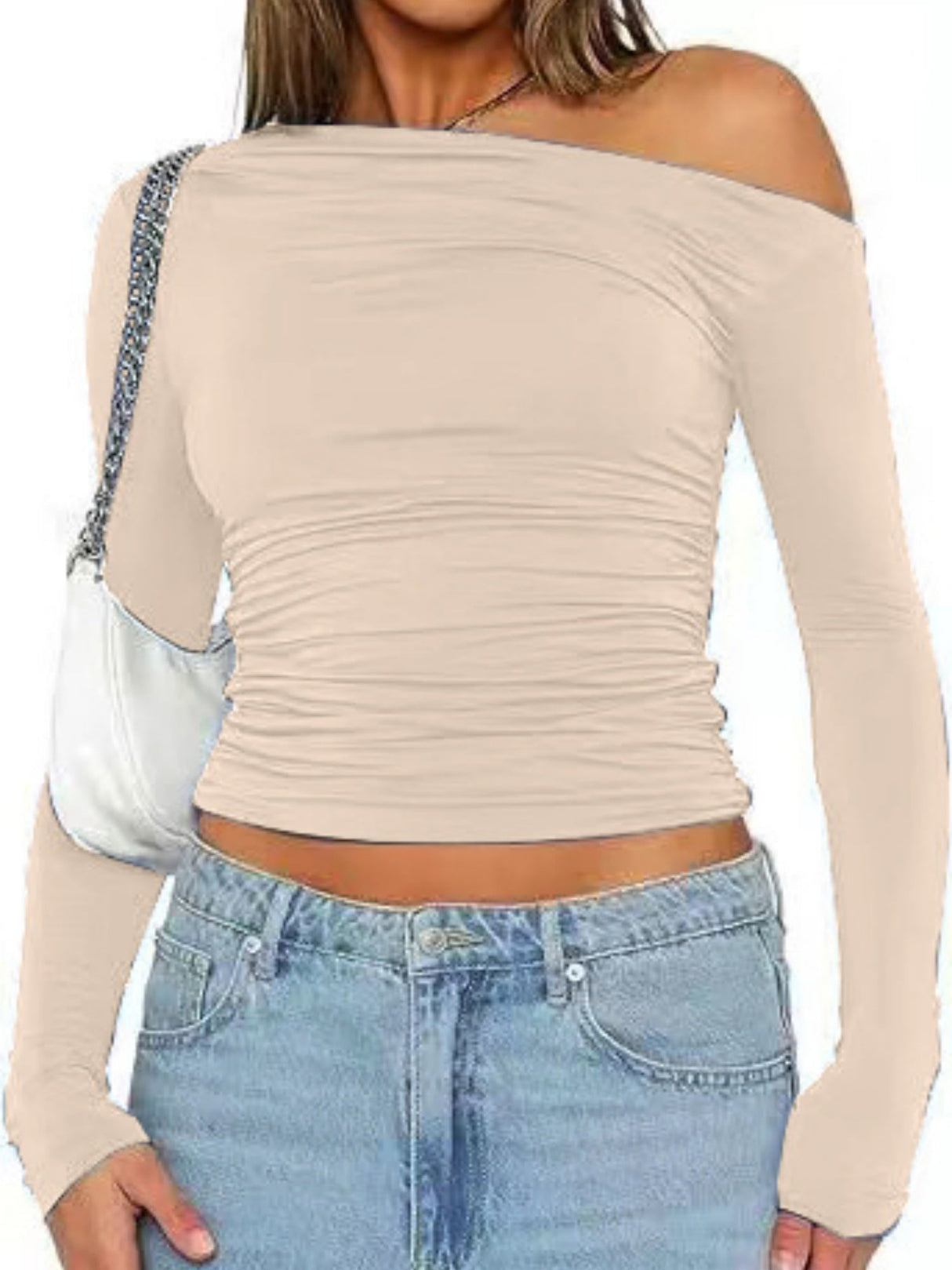 Y2K Asymmetrical Sloping Shoulders Crop Top Long Sleeves T-shirts